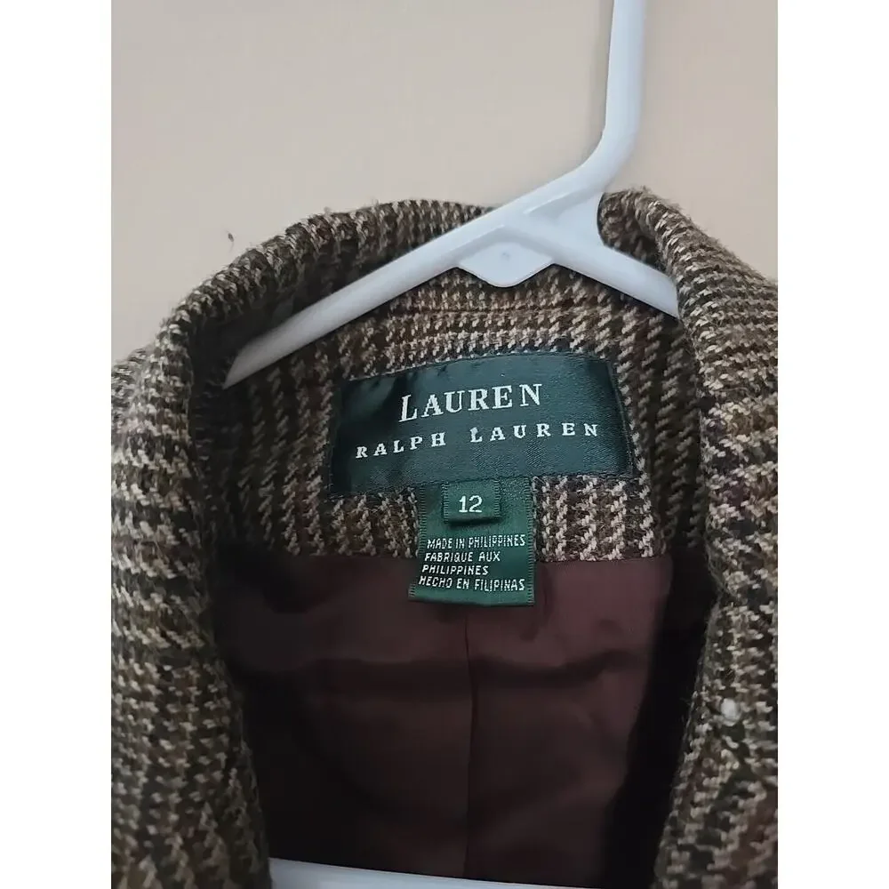 Lauren Ralph Lauren Plaid Linen Alpaca 2-Buttons Elbow‎ Patch Blazer Womans 12